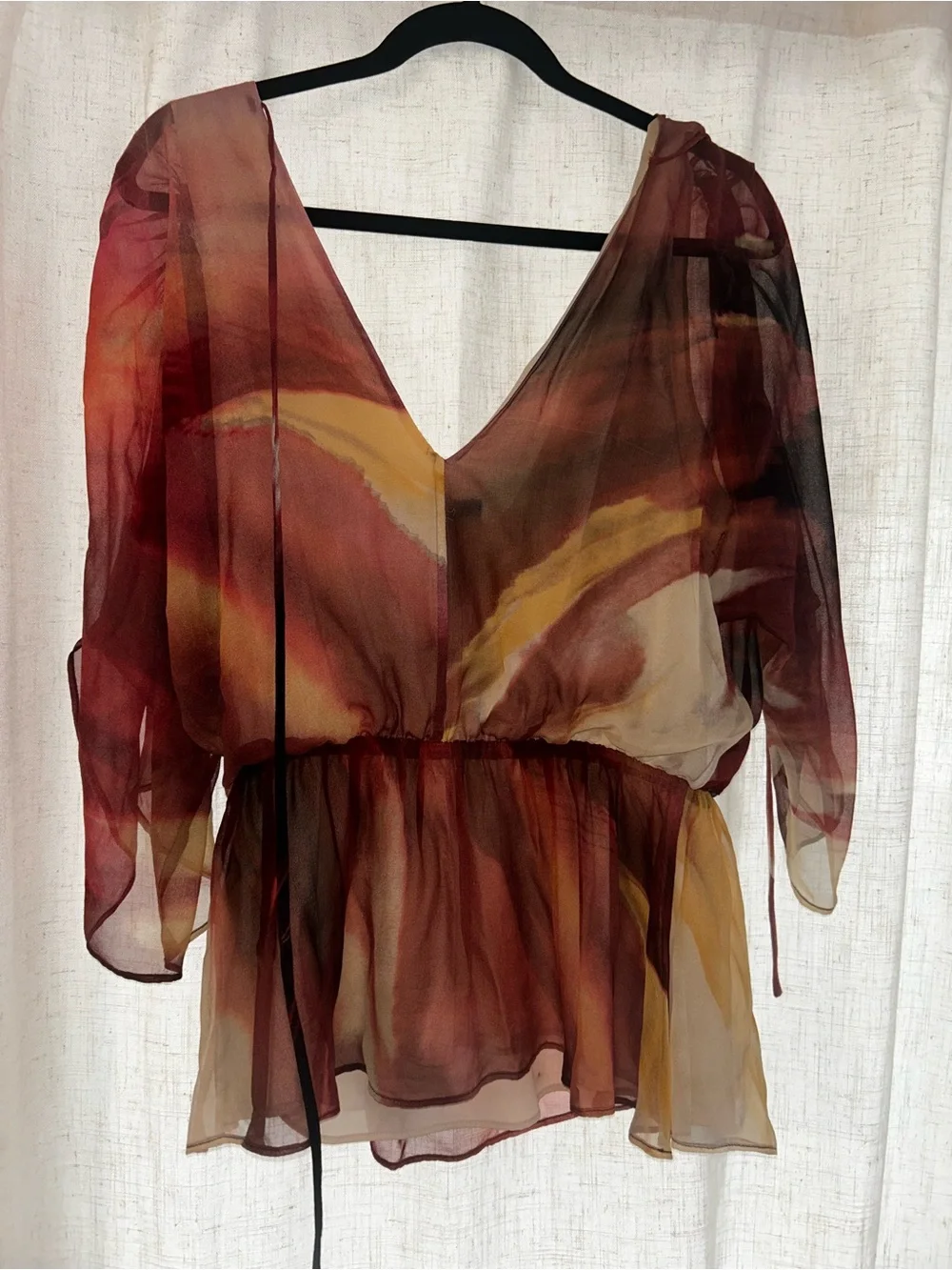 Alice + Olivia Sheer V-Neck Blouse in Rust, Brown, Gold Watercolor